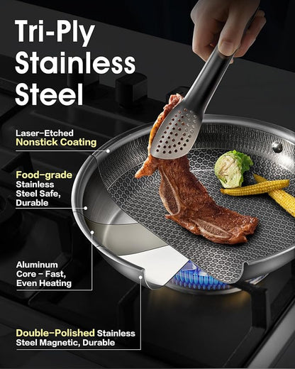 USELUCK Non Stick Frying Pans with Lid,8/10/12 inch Skillet Set,Update Coating.Compatible with All Cooktops,Oven Safe,Dishwasher Safe,PFAS-Free.
