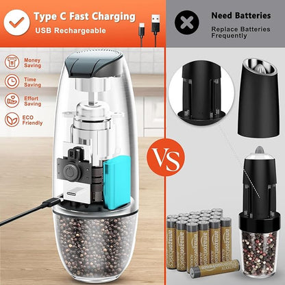 Electric Salt and Pepper Grinder Set: - For Gravity Electric Salt and Pepper Shakers Set Rechargeable Automatic Spice Grinder USB Powered Spice Peppercorn Shaker with Adjustable Coarseness