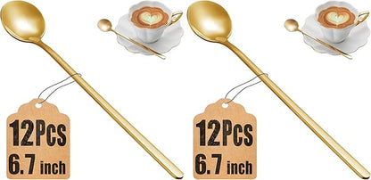 12 Pcs Coffee Spoons Set, 6.7" Gold Tea Spoons Long Handle, Gold Small Teaspoons, Stainless Steel Espresso Spoon, Long Spoon for Stirring, Coffee Bar Accessories (Pack of 2) by MUTNITT