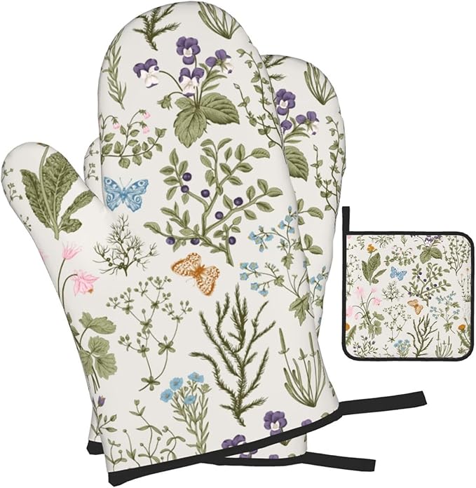 Vintage Floral Oven Mitts and Pot Holders Sets of 3 Cute Botanic Hot Pads Herbs and Wild Flowers Oven Gloves Heat Resistant Washable for Kitchen Cooking Grilling Baking - Image 2