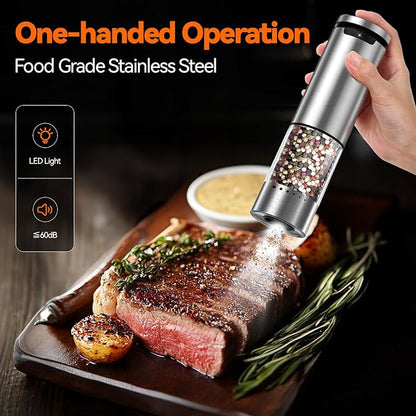 VOXON Update Electric Salt and Pepper Grinder Set Rechargeable Stainless Steel, LED Light, 100ML Capacity, 5 Levels Adjustable Coarseness, Automatic Salt and Pepper Grinder Set One Handed Operation