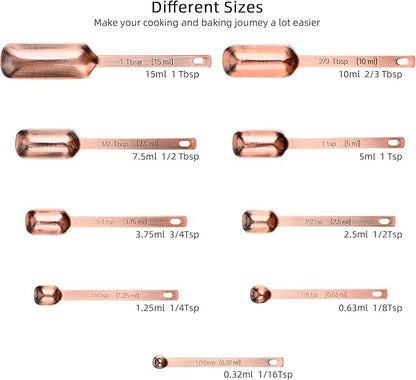 Copper Measuring Spoons Set 10, Stainless Steel Measuring Spoons with Leveler, Metric & US Metal Measuring Spoons fro Baking & Kitchen, Dry&Liquid Long Handle Measruing Spoons for Spice Jar