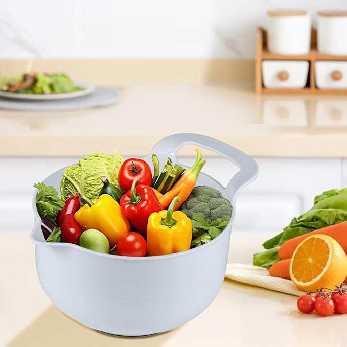 Mixing Bowls - 4 Piece Nesting Plastic Mixing Bowl Set with Pour Spouts and Handles - Non Slip Bottom and Measurement Markings (Light Gray) - Image 6