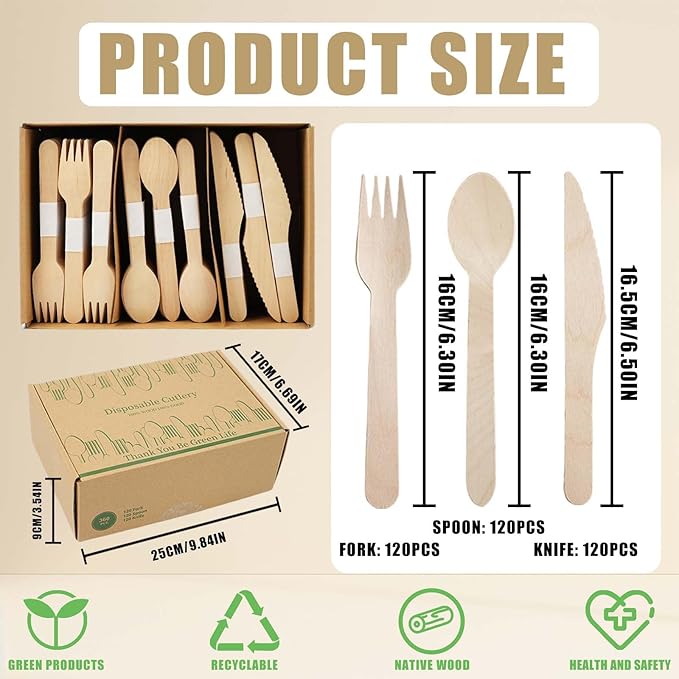 Wooden Utensils Set - Disposable Cutlery Set 360 Pieces (120 Forks 120 Spoons 120 Knives) Wooden Compostable Utensils Cutlery Combo Set- Eco-Friendly Biodegradable Utensils for Party