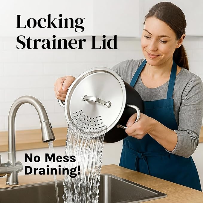 Cooler Concepts Pasta Pot with Strainer Lid - 5.5 Quart Large Spaghetti Pot - Twist & Lock for Easy Drain & No Colander Or Strainer Basket Insert Needed - Dishwasher Safe Pots - Image 2