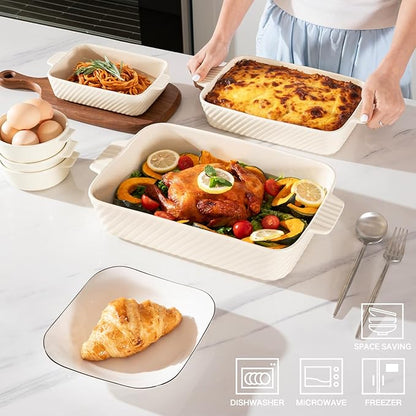 Sweejar Ceramic Baking Dish Set, Cake Baking Dish for Brownie, Porcelain Striped Casserole Dishes for Oven with Handle for Lasagna, Family Dinner(Beige) - Image 2