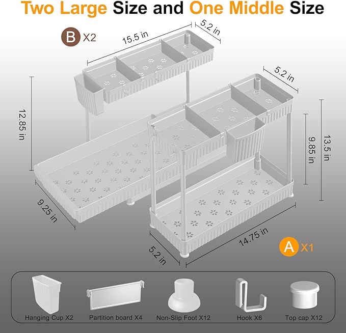 Sevenblue 3 Pack Multi-Purpose Under Sink Organizers and Storage, 2026 L-Shaped Pull Out Cabinet Organizer for Bathroom & Kitchen, Under Cabinet Organizer with Hooks Hanging Cup (White, 12.85 inch) - Image 5