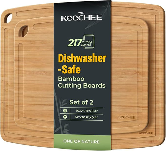 Keechee Dishwasher Safe Bamboo Cutting Boards Durable Lightweight Wood Cutting Board for Busy Kitchen, Easy Storage & Clean Wooden Chopping Boards with Juice Groove Set of 2 (M+S)