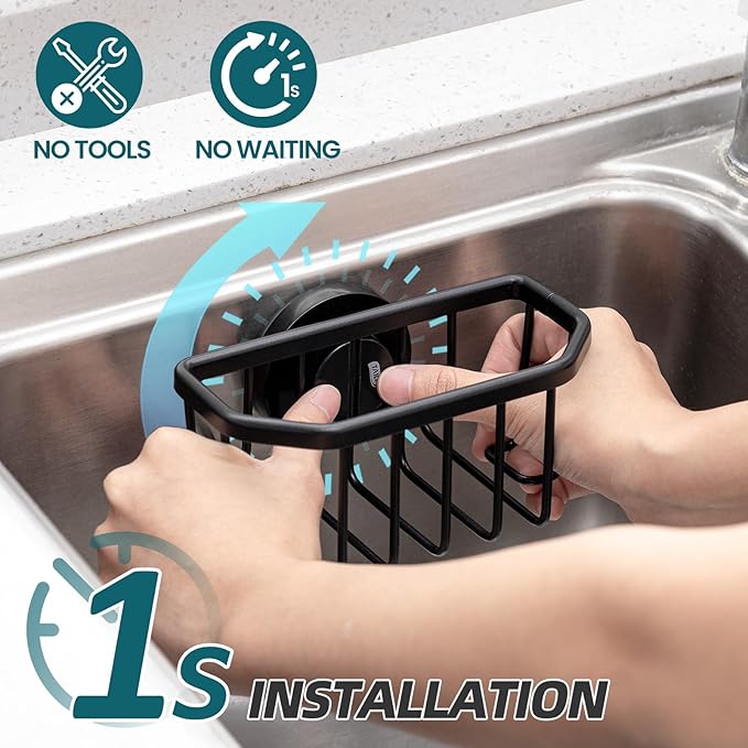 TAILI Sink Caddy with Strong Suction Cup, Sponge Holder for Kitchen Sink Organizer, Removable Sponge Caddy Inside Sink, Rustproof Aluminum Holder for Sponges, Brushes - Black - Image 2