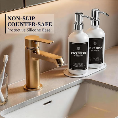 White Glass Soap Dispenser Set of 2, 16oz Hand and Dish Soap Dispenser for Kitchen & Bathroom, Silver Stainless Steel Pump, Non-Slip Base, 14 Waterproof Labels, Minimalist Decor - Image 4