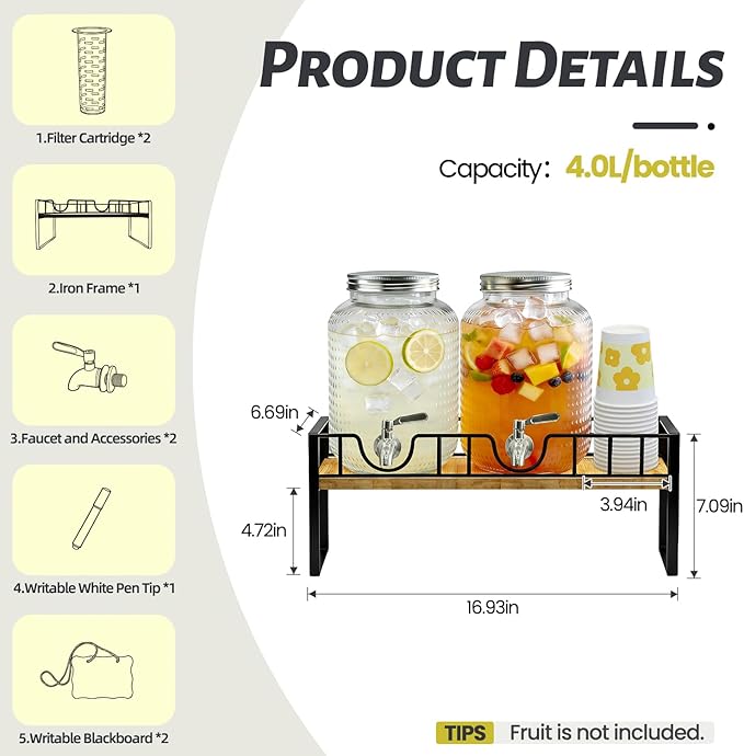 Hassky Extra Wider Glass Drink Dispensers For Parties 1 Gallon*2 Packs Set, Beverage Dispenser With Stand Glass Water Dispenser With Spigot Stainless Steel & Filter -for Lemonade, All Juice