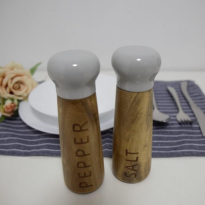 Tessie & Jessie Wooden Salt and Pepper Grinder Set, Premium Acacia Wood, 8" Elegant Refillable Salt Pepper Mill, Salt & Pepper Shakers for Seasoning, Stylish Gift Set (8"+8", Gray)