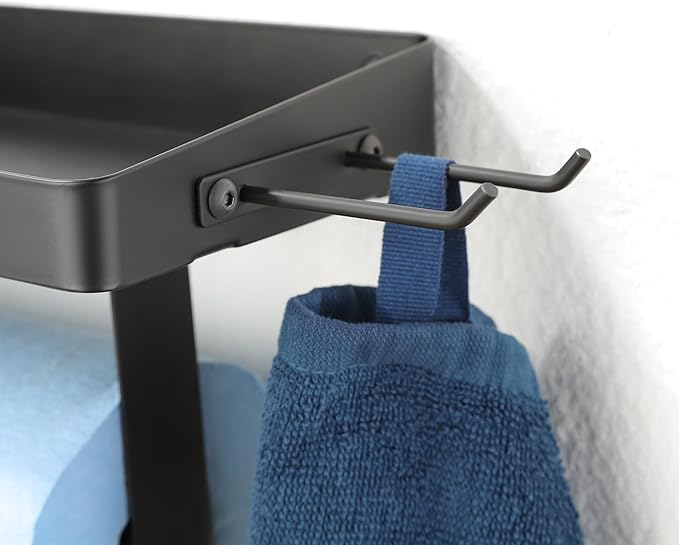 ZUNTO Garage Paper Towel Holder with Shelf, Black Stainless Steel Paper Towel Rack with Hooks, Wall Mount Paper Towel Holder for Kitchen, Garage Organization and Storage - Image 6