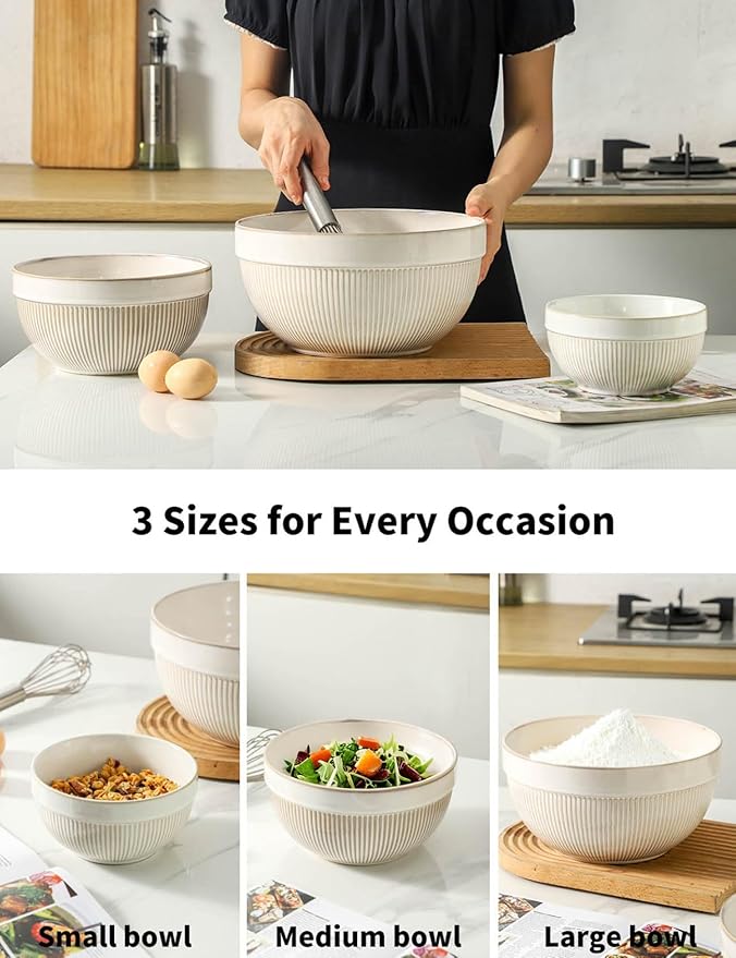 Large Ceramic Mixing Bowls, Glazed White Kitchen Bowl (10"/8"/6"), Set of 3 Nesting Bowls for Baking, Cooking, Serving, Prepping, Dough Kneading, Microwave and Dishwasher Safe - Image 4