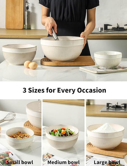 Large Ceramic Mixing Bowls, Glazed White Kitchen Bowl (10"/8"/6"), Set of 3 Nesting Bowls for Baking, Cooking, Serving, Prepping, Dough Kneading, Microwave and Dishwasher Safe - Image 4