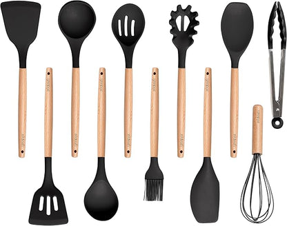 11-Piece Silicone Kitchen Utensils Set with Non Toxic Spatula, Tongs, Whisk, Turner & Ladle – Heat Resistant, Non-Scratch Cooking Tools with Wooden Handles, BPA-Free, Dishwasher Safe (Black) by Unknown