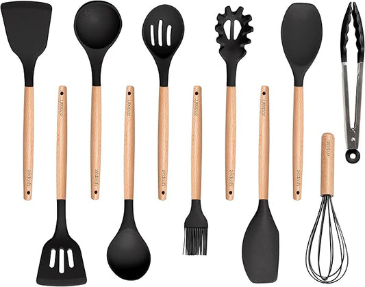 11-Piece Silicone Kitchen Utensils Set with Non Toxic Spatula, Tongs, Whisk, Turner & Ladle – Heat Resistant, Non-Scratch Cooking Tools with Wooden Handles, BPA-Free, Dishwasher Safe (Black) by Unknown