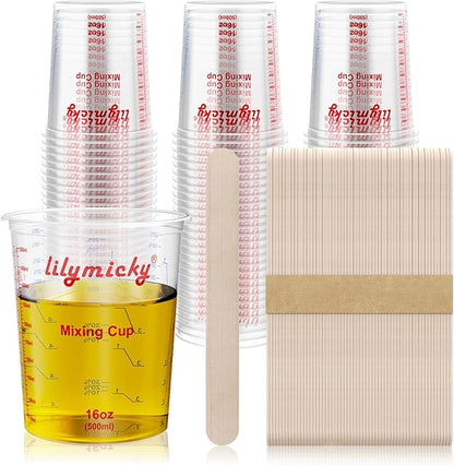 Lilymicky 16 oz Plastic Mixing Cups, 50 Pack 16 oz (500ml) Disposable Measuring Cups with 50 Wooden Mixing Sticks, Can Be Used for Epoxy Resin, Liquid Measuring, Paint, Cooking and Baking by Lilymicky