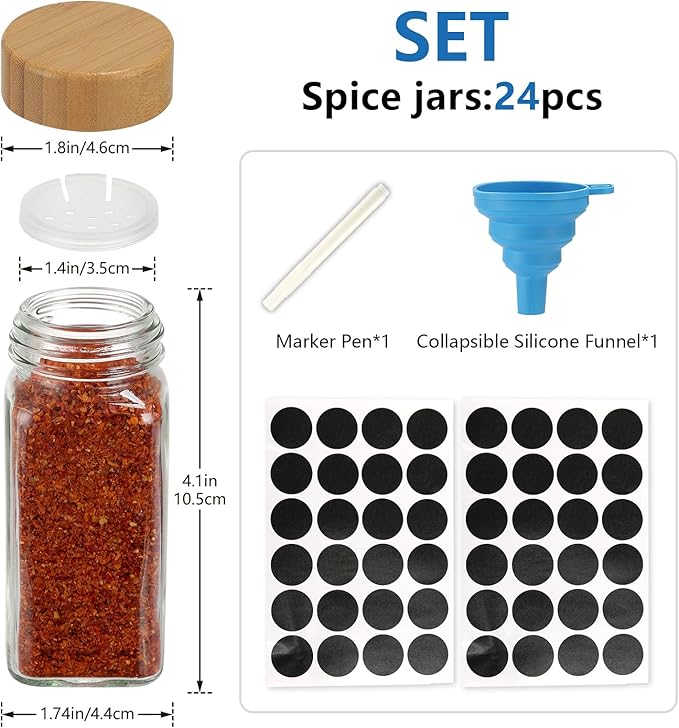 24Pcs Glass Spice Jars with Labels, 4oz Spice Containers with Bamboo Lids, Square Seasoning Containers Trial and Supplement Set for Spice Rack, Drawer, Cabinet