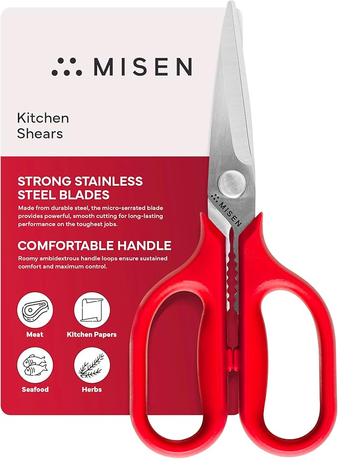 Misen Heavy Duty Kitchen Shears - Comfortable Ambidextrous Scissors for Meat, Poultry, Herbs & More - Easy to Clean - German Stainless Steel - Small | Red by Misen