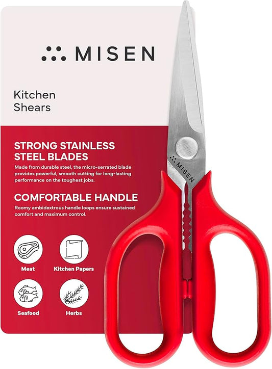 Misen Heavy Duty Kitchen Shears - Comfortable Ambidextrous Scissors for Meat, Poultry, Herbs & More - Easy to Clean - German Stainless Steel - Small | Red by Misen
