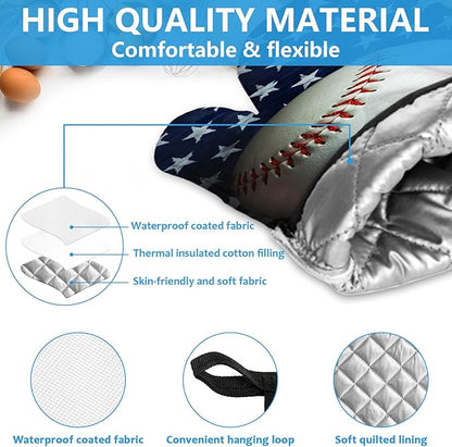 American Flag Baseball Oven Mitts and Pot Holders Sets Heat Resistant 4Pcs Potholders Oven Gloves Hot Pads for Kitchen Baking Cooking Grilling BBQ