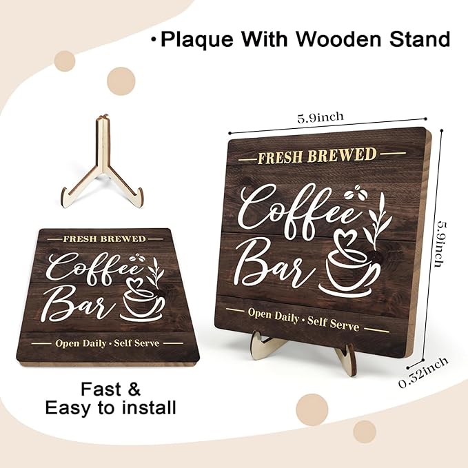Coffee Bar Sign Plaque, Rustic Wooden Tabletop Plaque with Stand, Vintage Farmhouse Café Counter Sign for Kitchen Coffee Station, Fresh Brewed Mini Bar Decor 5.9x5.9inch - Image 2
