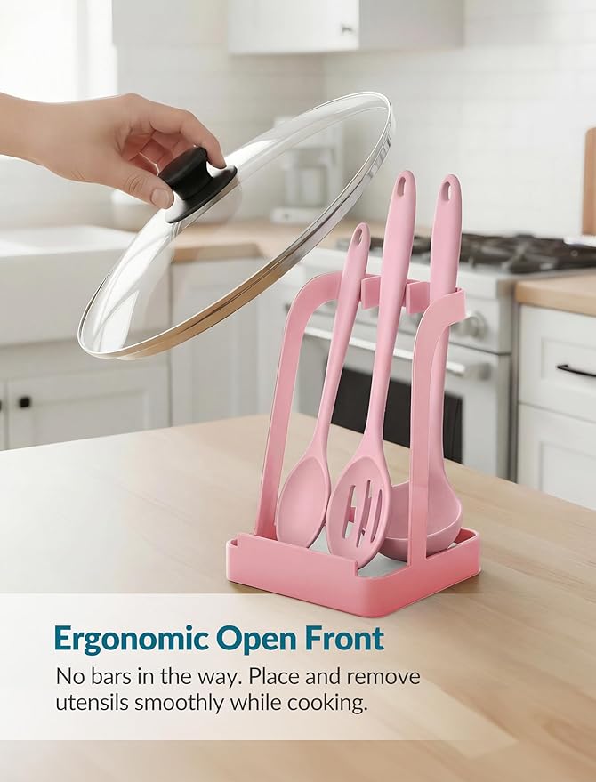 NiHome Kitchen Utensil Holder for Pot Lids & Spoons Pink Kitchen Accessories with White Diatomite Drip Tray, Non-Slip Base, Metal Cooking Spoon Rest, 3.9"x3.9"x6" Countertop Organizer (Pink) - Image 6