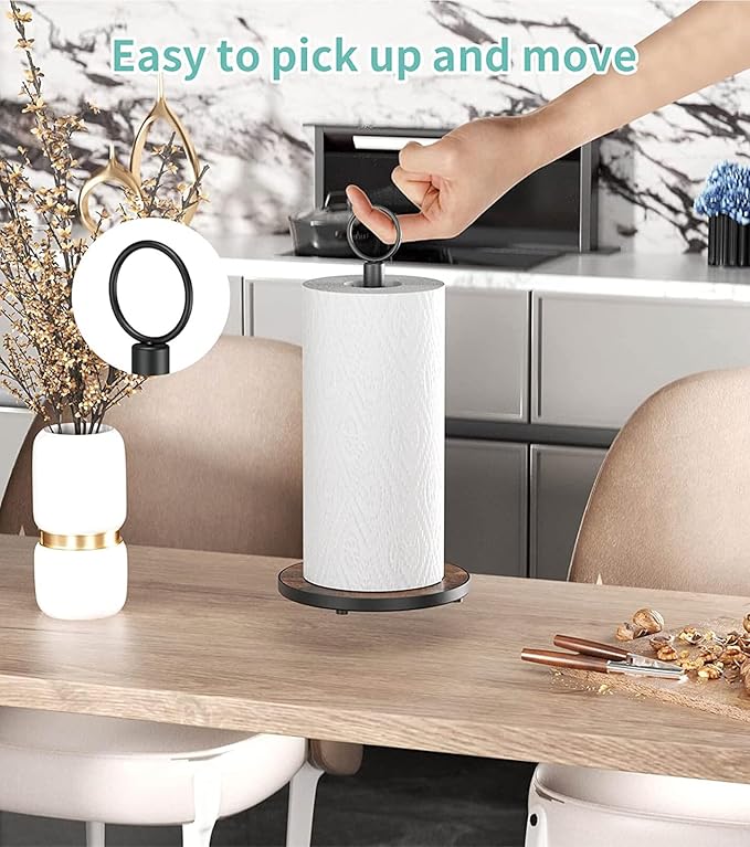 OROPY Paper Towel Holder Countertop with Heavy Duty Wood Base, Farmhouse Paper Towel Roll Stand for Kitchen Counter fits Standard and Jumbo Size Paper Towels (Brown) - Image 3