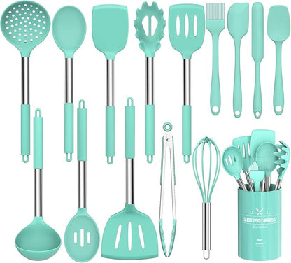 Silicone Cooking Utensil Set, Umite Chef 15pcs Silicone Cooking Kitchen Utensils Set, Non-stick - Best Kitchen Cookware with Stainless Steel Handle - Green by UmiteChef