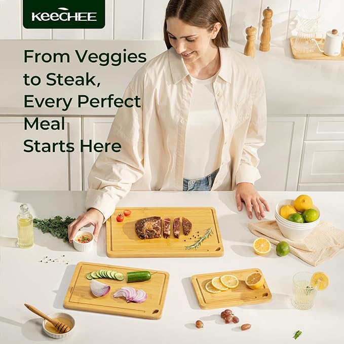 Keechee Wood Cutting Board for Kitchen - Reversible Bamboo Cutting Boards Gift Set of 3 with Juice Groove, Wooden Chopping Board for Meat, Fruit, Vegetables & Cheese (Pre Oiled, Natural) - Image 2