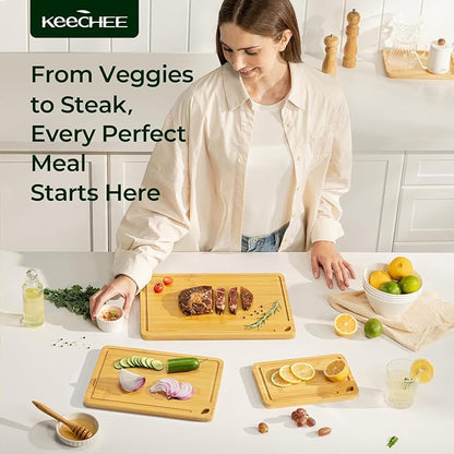 Keechee Wood Cutting Board for Kitchen - Reversible Bamboo Cutting Boards Gift Set of 3 with Juice Groove, Wooden Chopping Board for Meat, Fruit, Vegetables & Cheese (Pre Oiled, Natural) - Image 2