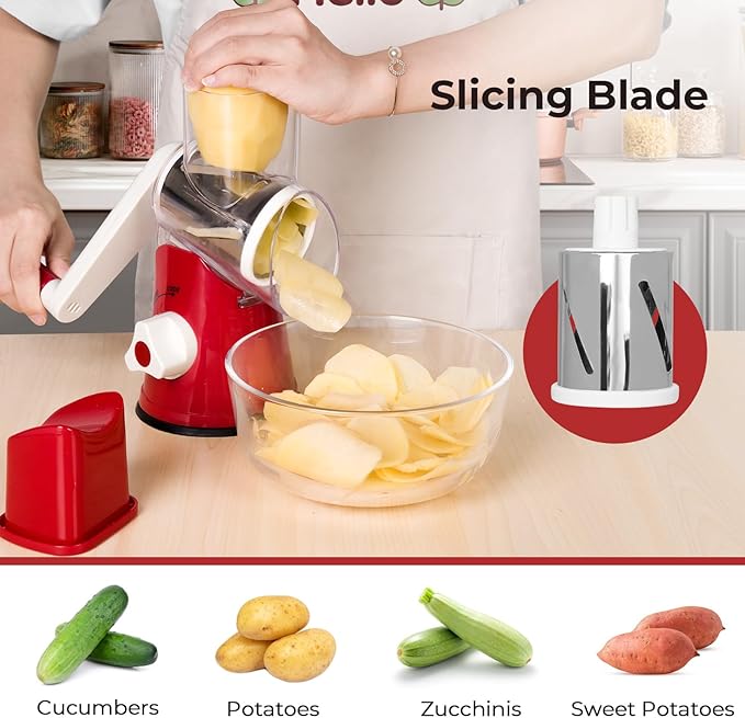 X Home Rotary Cheese Grater for Kitchen, Shredder with 3 Interchangeable Blades, Rotary Grater with Handle and Strong Suction Base, for Vegetables, Fruit, Nuts, Easy to Use and Clean, Red - Image 3
