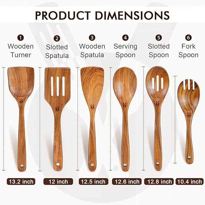 Wooden Spoons for Cooking, 6 Pcs Natural Teak Wooden Kitchen Utensils Set, Cooking Utensils Set with Long & Comfort Grip, Wooden Spoons Spatula Set Perfect for Non-Stick Cookware - Image 3