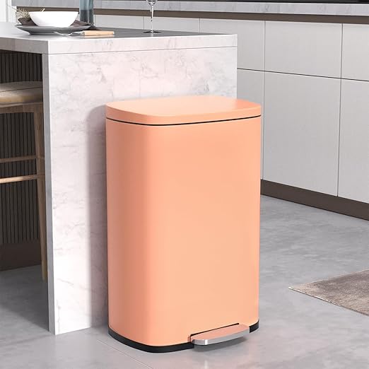 50 Liter / 13 Gallon Kitchen Trash Can with Lid, Stainless Steel Trash Can with Foot Pedal and Plastic Inner Bucket, Fingerprint-Resistant Soft Close Lid Garbage Can, Odor Proof and Hygienic, Pink by WelcometoBIQWBIC