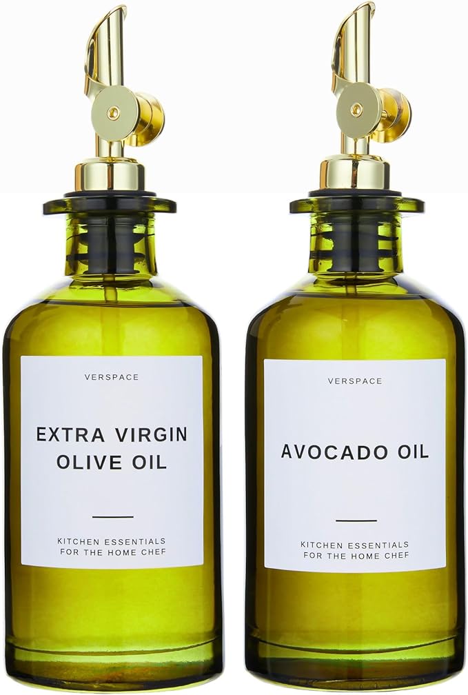 Verspace UV-Protected Green Glass Olive Oil Dispenser Bottles For Kitchen - 2 Pack - 12oz Includes 40 Kitchen Essential Labels, Avocado Oil Dispenser Set, Modern Decor for Home, Airbnb, Cafe Set of 2 by Verspace