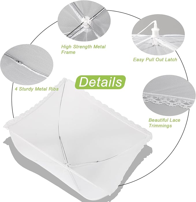 4 Pack Large Mesh Food Covers 17" x 17", Tall White Nylon Food Tents, Collapsible Pop-Up Food Cover Umbrellas for Camping, Picnics, BBQ, Parties, Plant, Flower, Fruit Cover - Image 3