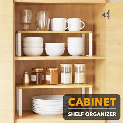 SpaceAid Cabinet Shelf Organizers 2 Pack, Kitchen Counter Rack Shelves Riser, Stackable Expandable Spice Rack, Pantry Cupboard Storage Organization (White and Natural, Long) - Image 3
