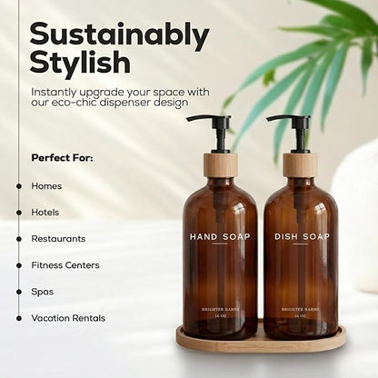 Amber Glass Hand and Dish Soap Dispenser Set by Brighter Barns - Kitchen Soap Dispenser Set with Tray - Bamboo Pump Bottles for Kitchen Sink - Modern Home Decor, Neutral Decor for Airbnb, Gift (Amber) - Image 2