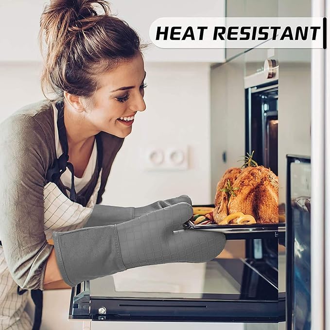 HOMWE Silicone Oven Mitts and Pot Holders for Kitchen & Baking - Set of 4 Heat-Resistant, Heavy-Duty Cooking Mittens w/Non-Slip, Textured Grip (Black) - Image 4