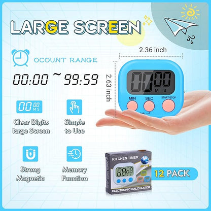 Mwellewm Digital Kitchen Timer 12 Packs Magnetic Classroom Stopwatch Timer 6 Colors Small Digital Countdown Timers for Cooking Mini Loud Alarm Stop for Kitchen Study Work Sports Games Office Clock - Image 4