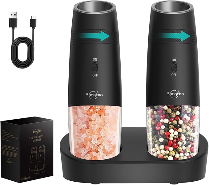 Sangcon Gravity Electric Salt and Pepper Grinder Set RECHARGEABLE, Automatic Salt Pepper Shakers with Charging Base - LED Light One Hand Operation, External Adjustable Coarseness Pepper Mill by Sangcon