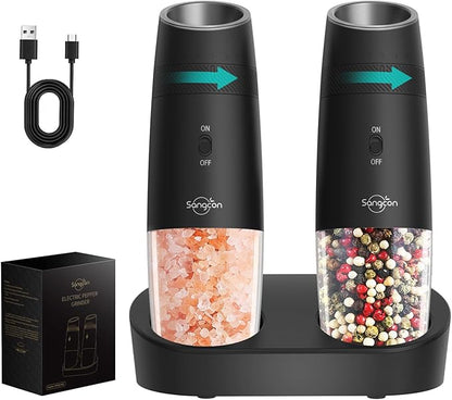 Sangcon Gravity Electric Salt and Pepper Grinder Set RECHARGEABLE, Automatic Salt Pepper Shakers with Charging Base - LED Light One Hand Operation, External Adjustable Coarseness Pepper Mill by Sangcon