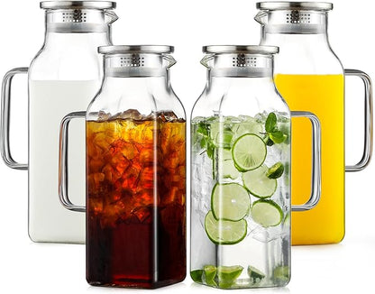 Netany 4 Pack 2 Liters/68 oz Square Glass Pitcher with Lid and Handle for Fridge, Iced Tea and Coffee Carafe Beverage Serveware, Heat Resistant Borosilicate Water Jug for Hot/Cold Drinks and Milk by NETANY