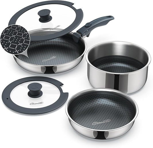 Ciwete 6-Piece Hybrid Stainless Steel Pots and Pans Set Non Stick, Tri-Ply Stainless Steel Cookware Set with Lids and Detachable Handle, PFOA Free Kitchen Skillet for All Cooktops, Dishwasher Safe