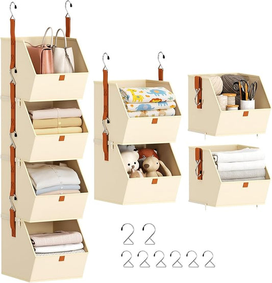 Homsorout Hanging Closet Organizer 4 Tier - Clothes Hanging Shelves, Space-Saving Closet System, Fabric Storage Bins Bedroom Organization, Collapsible Baskets for Home, Dorm, Rv, Beige