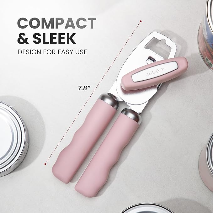 Zulay Kitchen Heavy Duty Stainless Steel Can Opener Manual with Bottle Opener - Rust Proof Manual Can Opener With Turn Knob & Comfy Soft Grip Handles - Light Pink - Image 2
