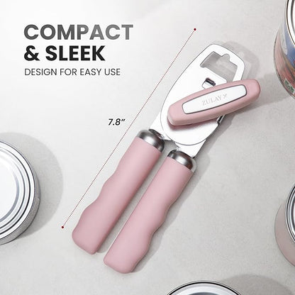 Zulay Kitchen Heavy Duty Stainless Steel Can Opener Manual with Bottle Opener - Rust Proof Manual Can Opener With Turn Knob & Comfy Soft Grip Handles - Light Pink - Image 2