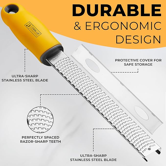 Orblue Lemon Zester & Cheese Grater - Premium Citrus Zester, Kitchen Grater for Parmesan, Chocolate, Fruits, Vegetables, Ginger, Garlic, Nutmeg - Stainless Steel Blades with Protective Cover, Yellow - Image 4