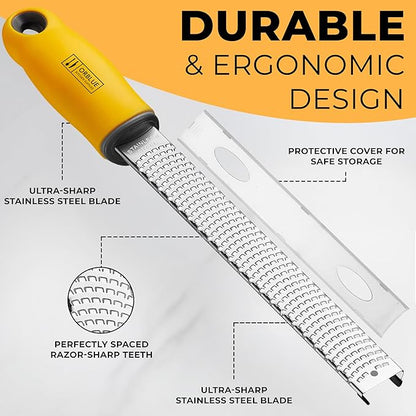 Orblue Lemon Zester & Cheese Grater - Premium Citrus Zester, Kitchen Grater for Parmesan, Chocolate, Fruits, Vegetables, Ginger, Garlic, Nutmeg - Stainless Steel Blades with Protective Cover, Yellow - Image 4